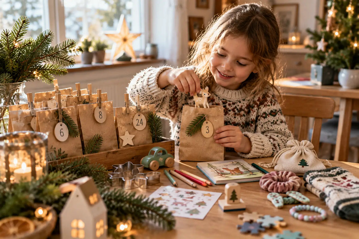 Kind entdeckt kleine Geschenke in einem selbst gebastelten Adventskalender ohne Süßigkeiten – mit Spielzeug, Stickern und kreativen Füllideen für Kinder.