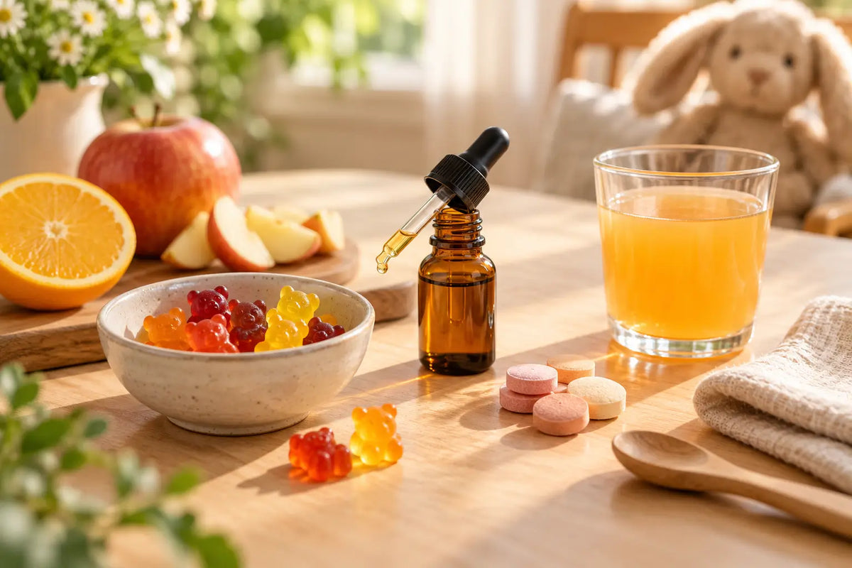Kindervitamine im Vergleich: Vitamin-Gummibärchen, Tropfen, Tabletten und Saft neben frischem Obst – verschiedene Darreichungsformen von Vitaminen für Kinder.
